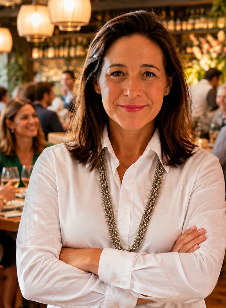 Heloisa Duarte, de braços cruzados e sorrindo, em um restaurante cheio de clientes. Abra Seu Restaurante — 29 anos de experiência em hospitalidade e gastronomia.